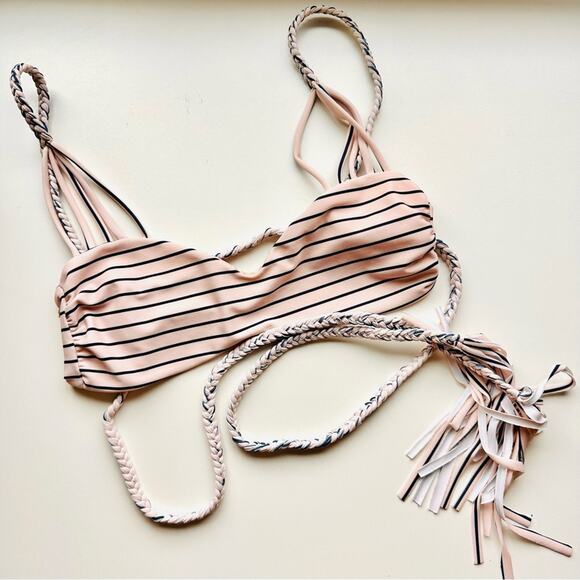 ACACIA SWIMWEAR Baby Pink Navy Blue Samoa Cape Cod Stripe Braid Bikini Top XS - Picture 1 of 10